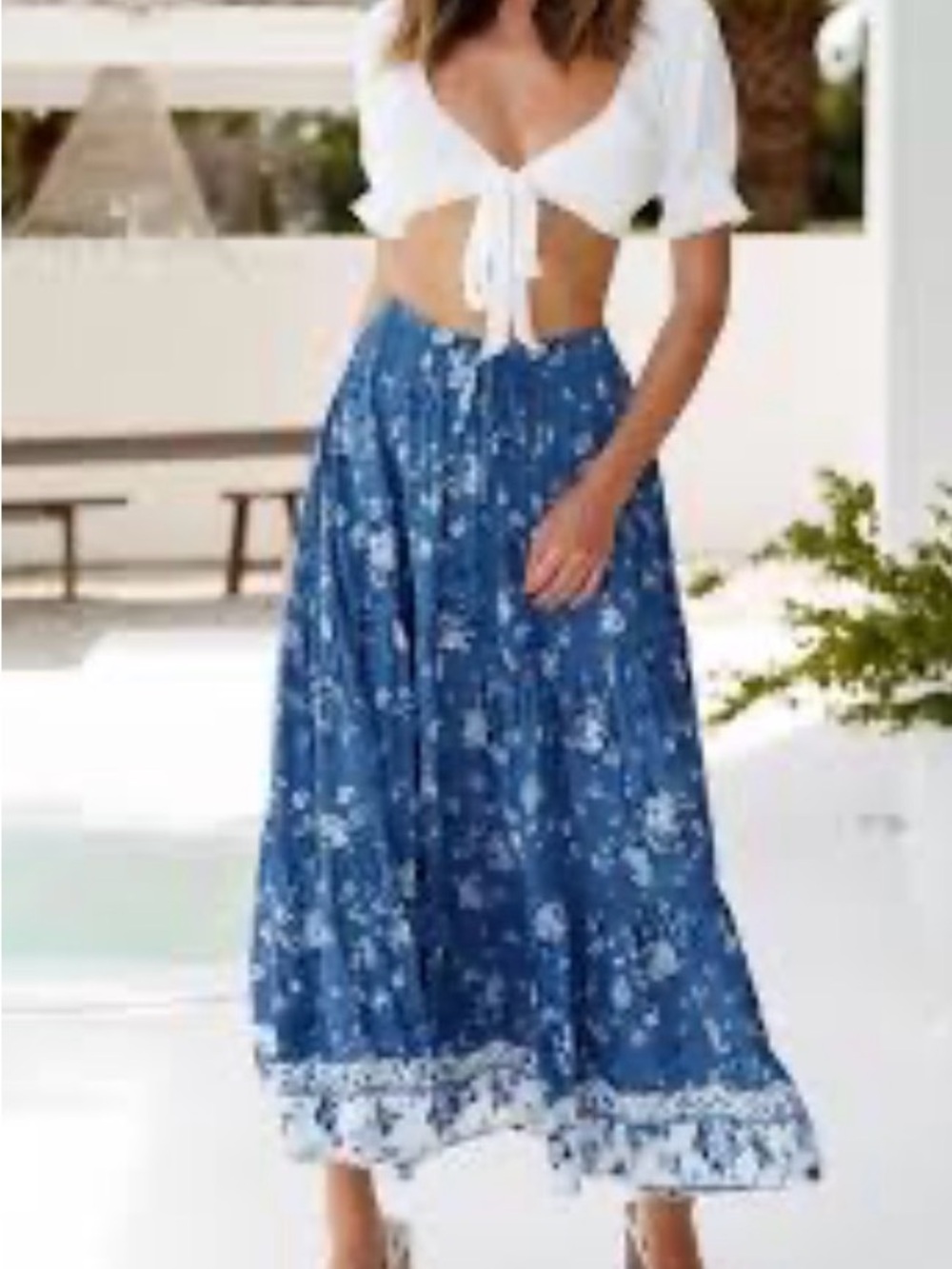 ZESICA Boho Floral Maxi Skirt Medium Navy Blue Cottagecore Prairie Medium